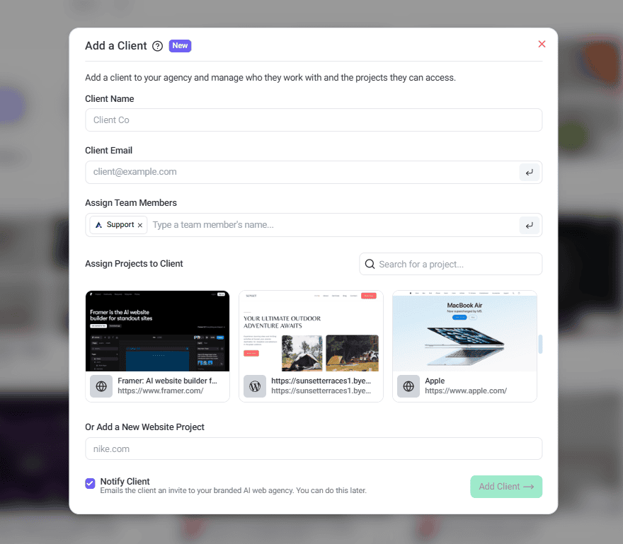 Adding a client's details