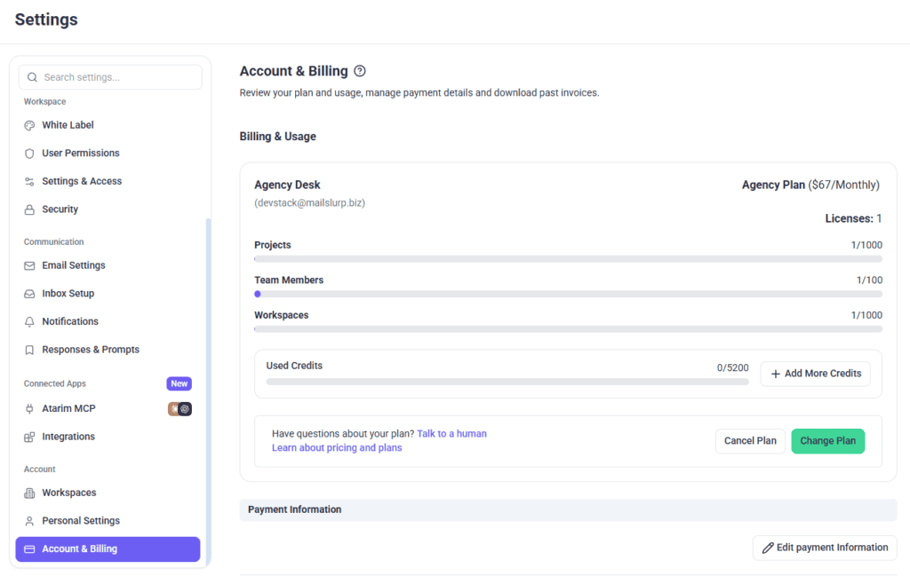 Account & Billing settings with the Billing & Usage card showing the plan, Licenses, usage meters and Used Credits