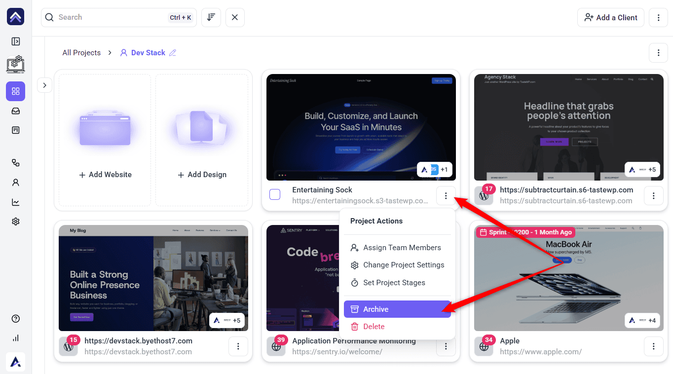 The archive and delete options in the Atarim project actions menu