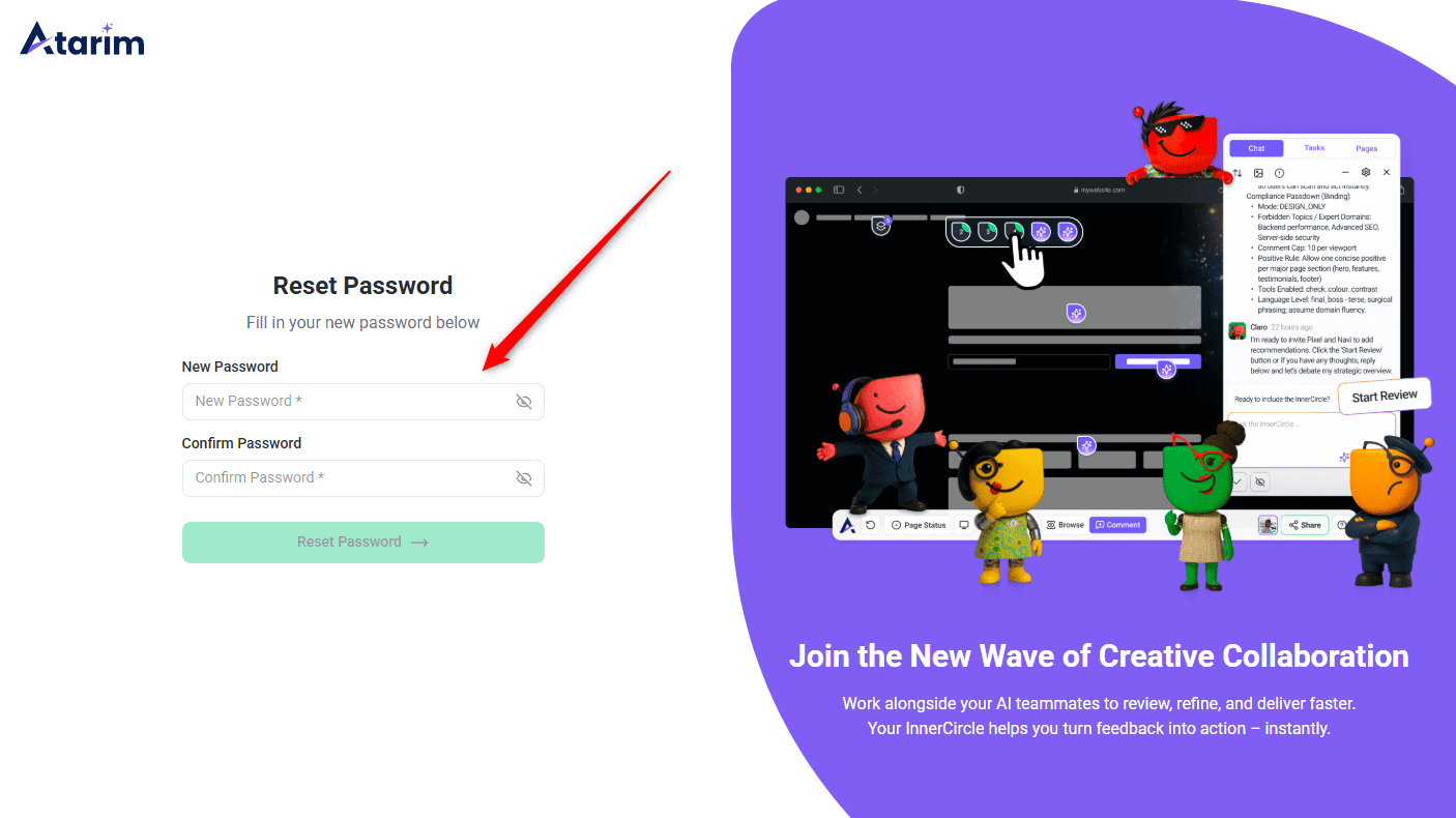The new password screen, showing the character, number, capital and symbol checks