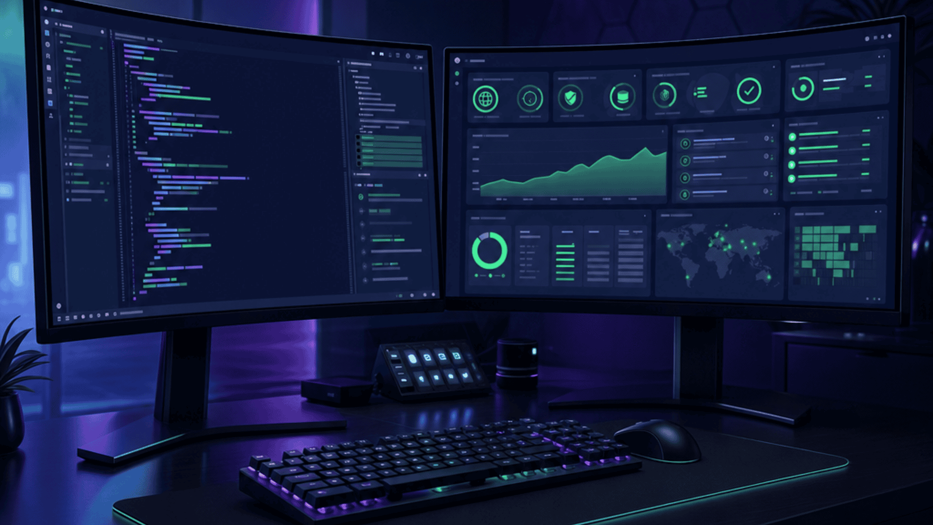 Widescreen developer workstation monitoring multiple client WordPress sites and maintenance queues