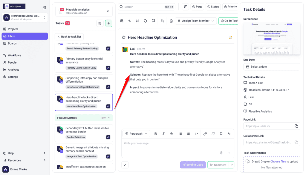 Inbox task view of a Lexi finding with the current wording, the replacement copy and its impact