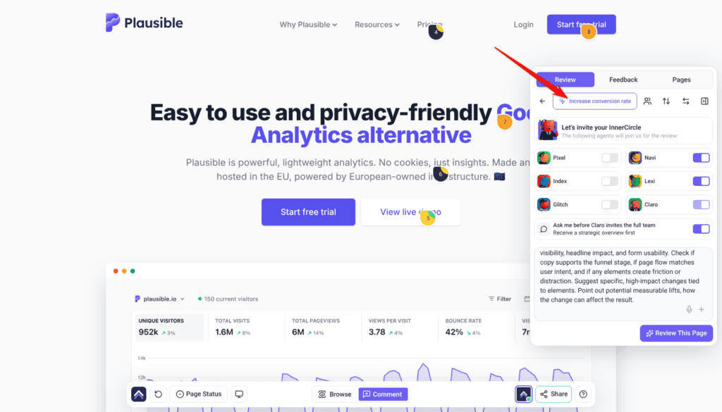 Review tab after choosing Increase conversion rate, with Lexi and Navi switched on and the description filled in