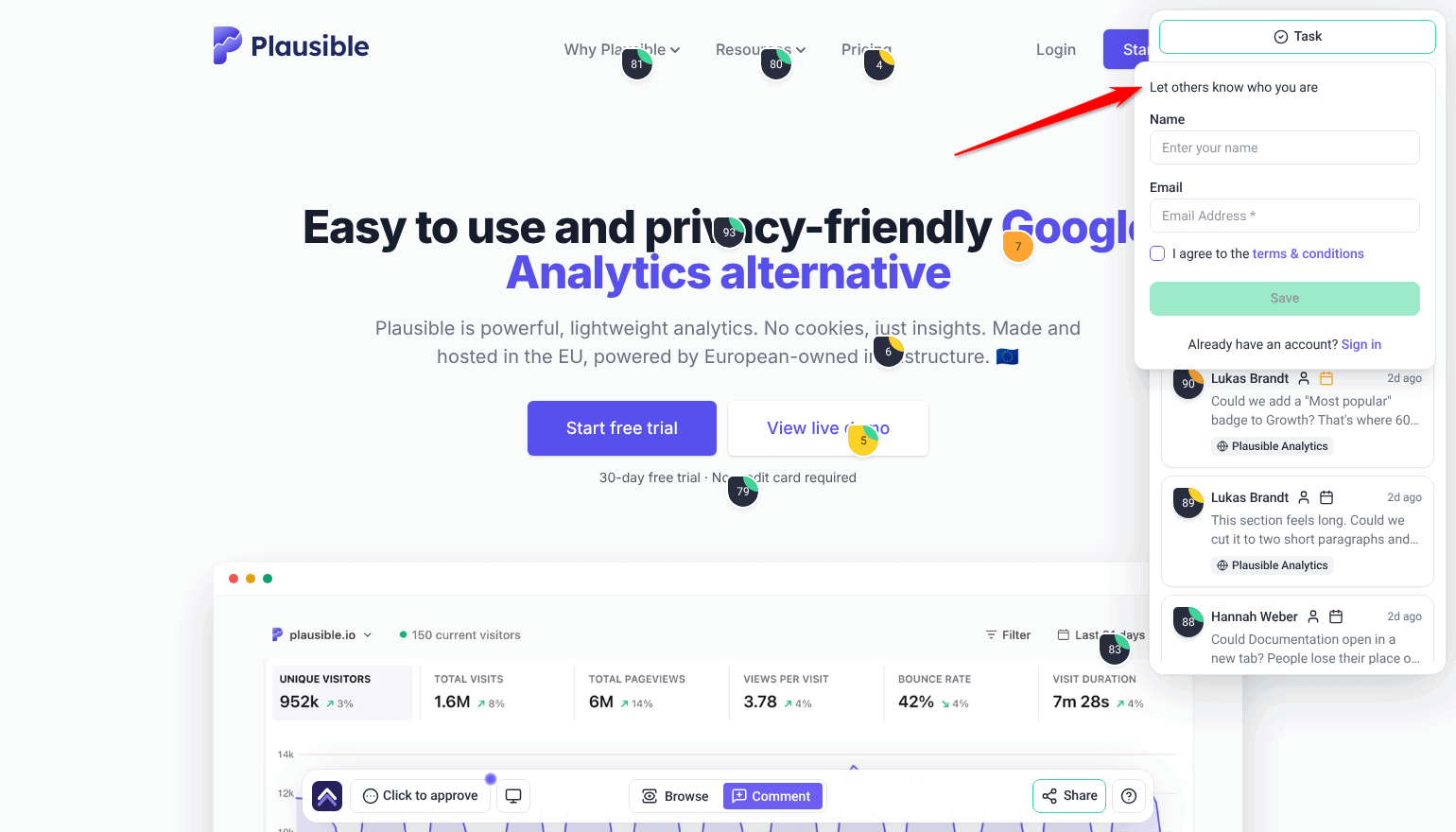 Guest sidebar showing Let others know who you are, with Name, Email, the terms checkbox, Save and Sign in; the arrow points at the heading