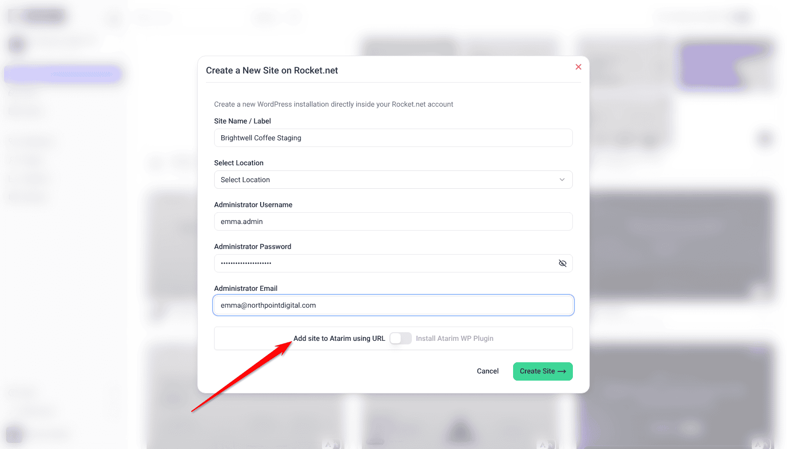 Create a New Site on Rocket.net form with the Add site to Atarim using URL switch