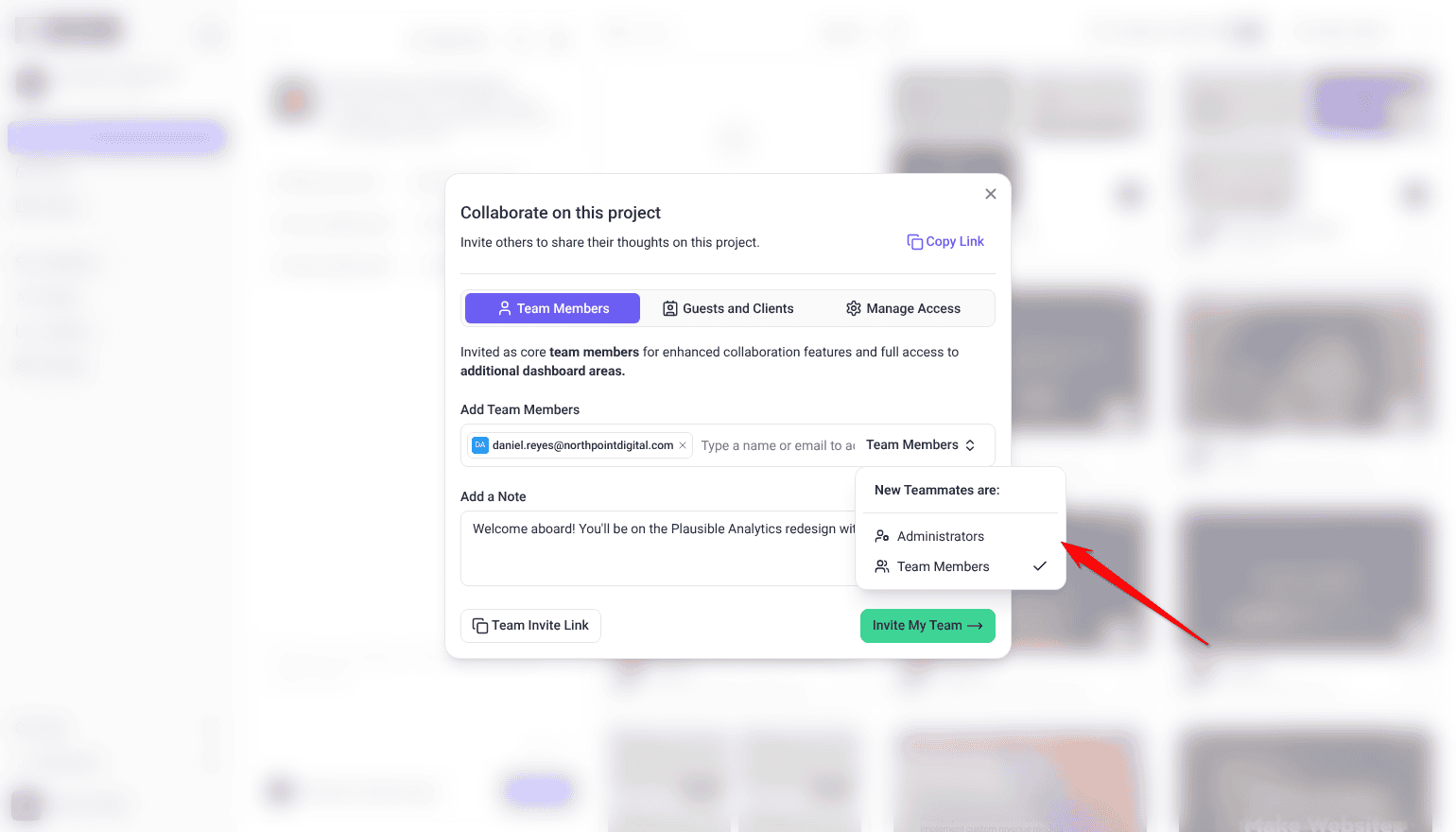 Collaborate on this project, Team Members tab, with an email added and the New Teammates are: role menu open
