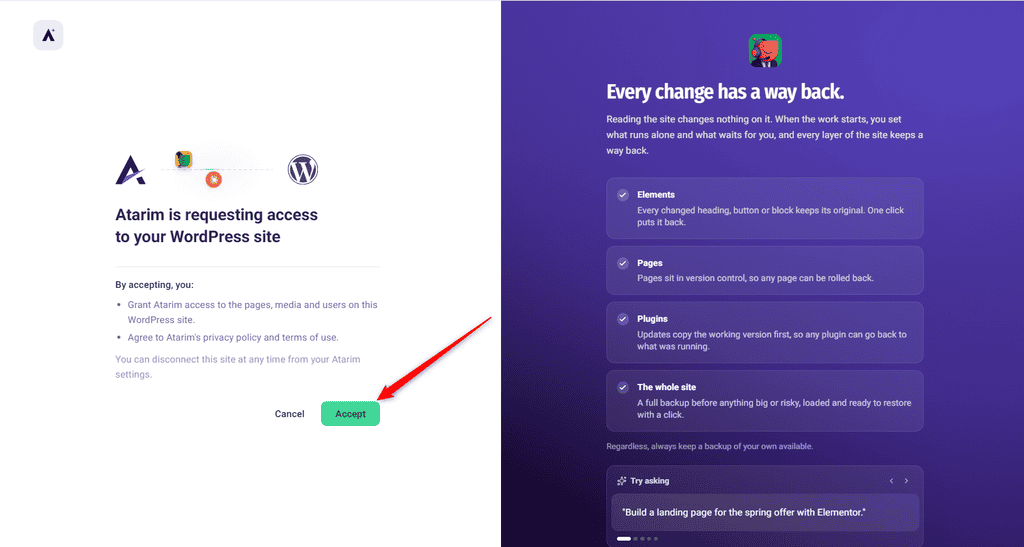 The connect confirmation, naming the site address and the workspace