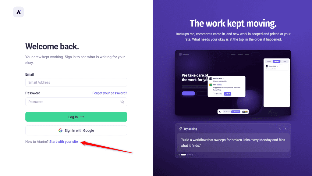Atarim sign-up page showing the first step of the onboarding wizard