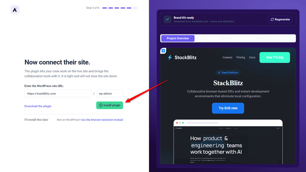 The connect step offering to install the Atarim plugin
