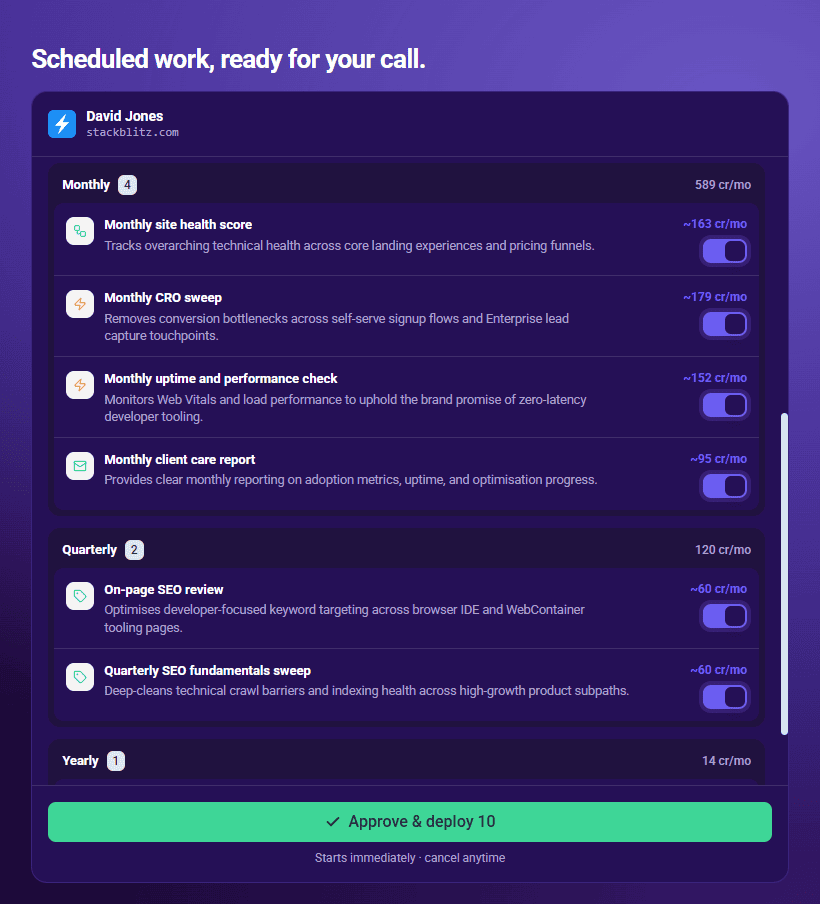 The scheduled work panel with the Approve and deploy button ready