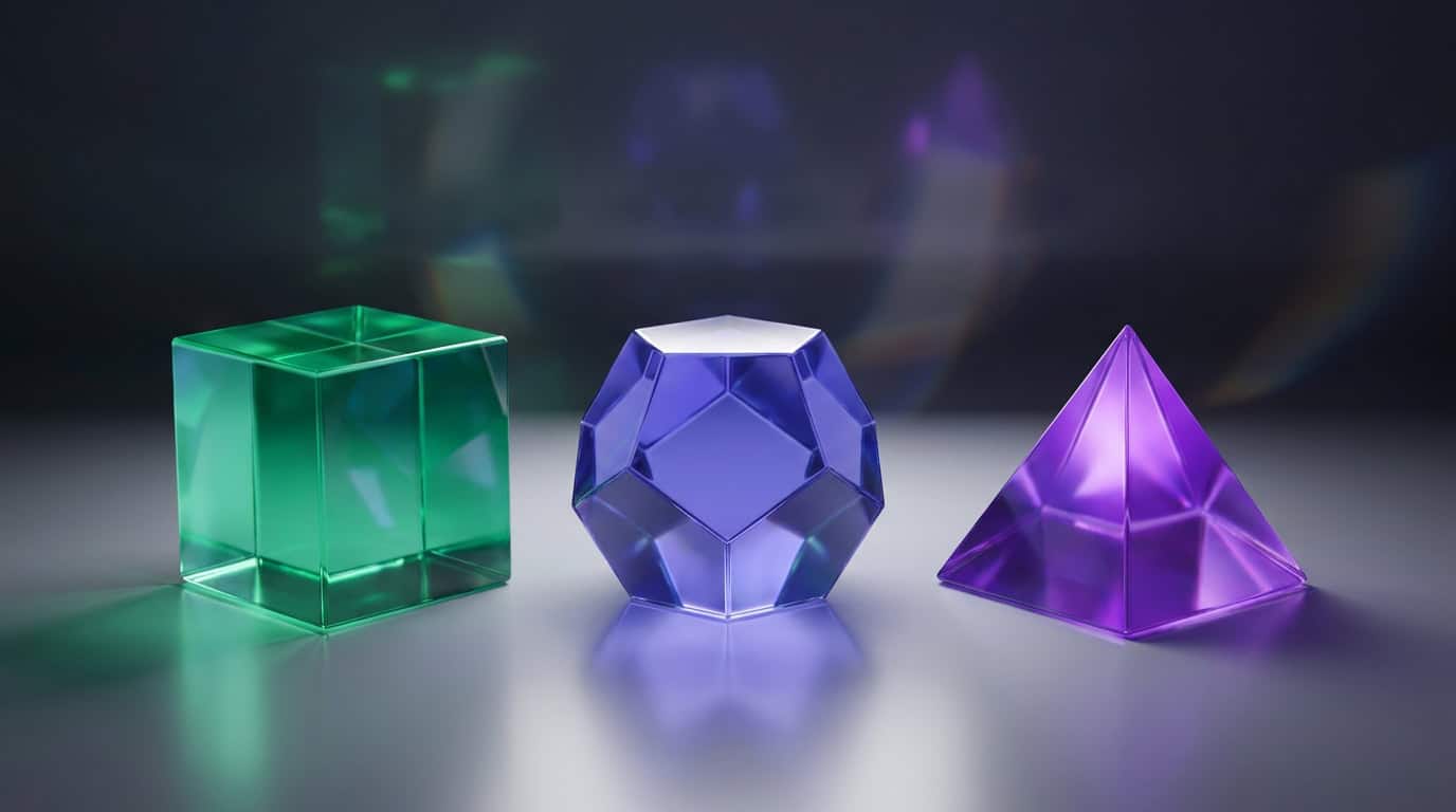 Three luminous glass geometric pedestals glowing in emerald and violet against a dark studio background representing tier options.