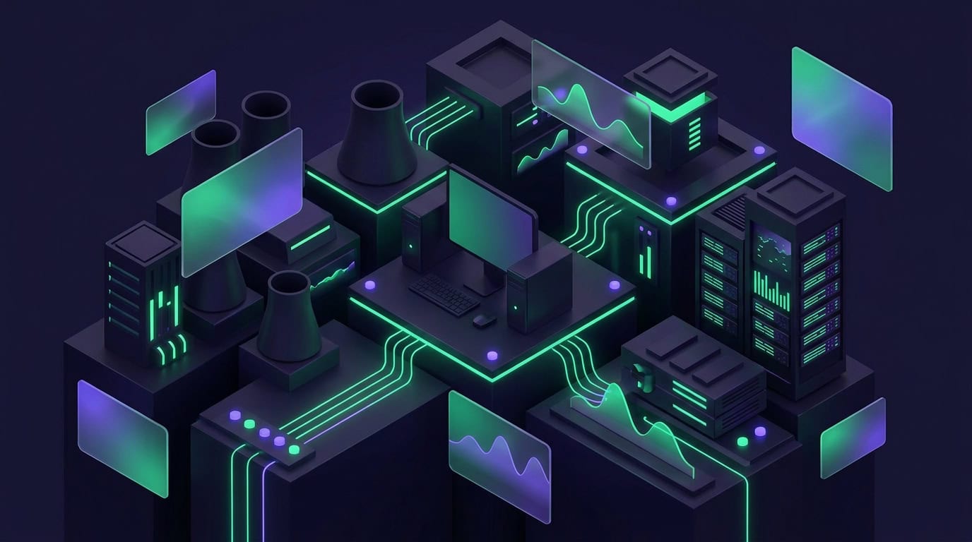 Abstract 3D glassmorphic dark-mode interface with glowing emerald telemetry lines and server uptime wave graphs.