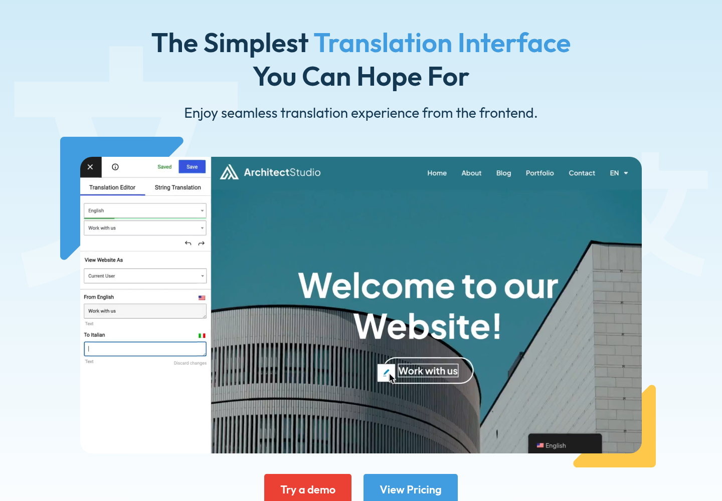 translate your website from the front end and get a live preview